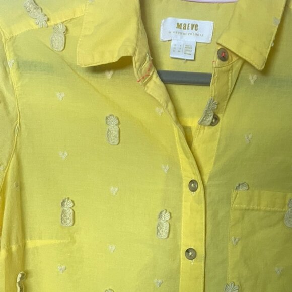 Mauve by Anthropologie Yellow Pineapple Embroidered Buttondown Blouse | Size M - Picture 9 of 13